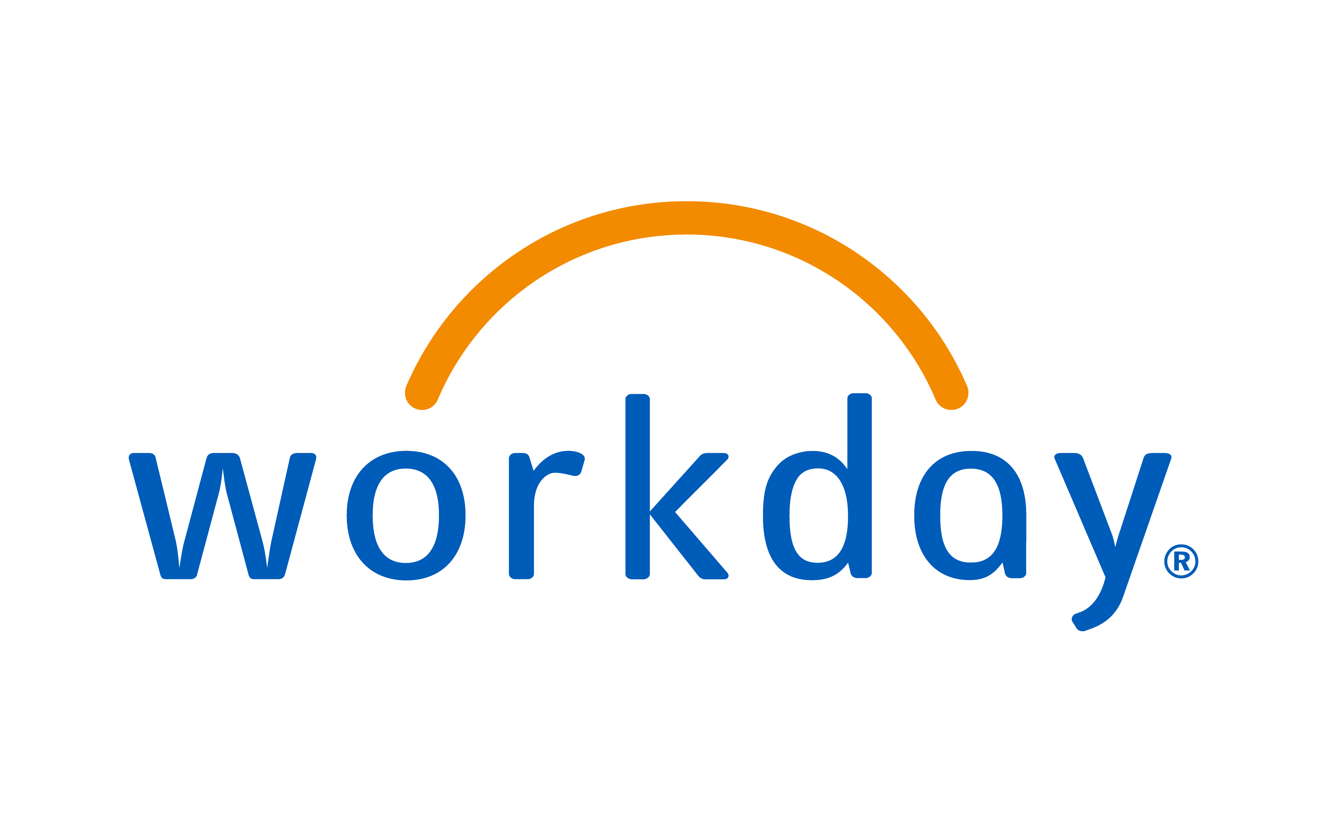 Workday logo showing an orange line arcing over the word Workday in blue